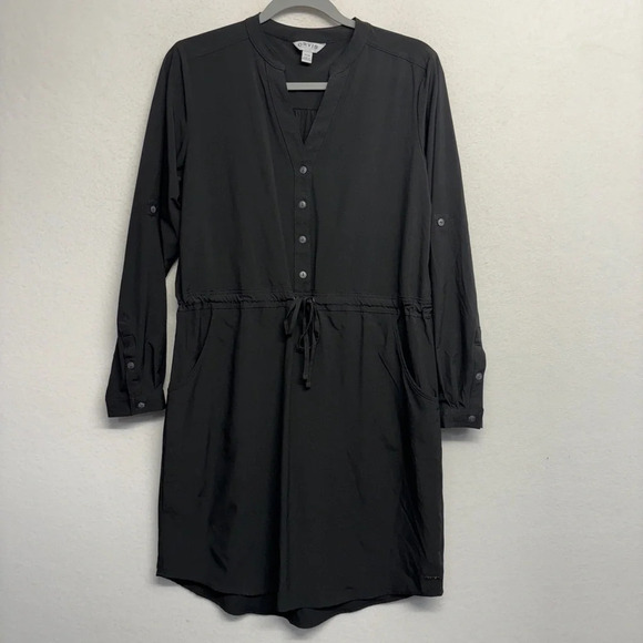 Orvis Pack & Go Travel Dress Black Roll Tab Sleeve Mini Tie Waist Wrinkle Resist - Picture 6 of 12